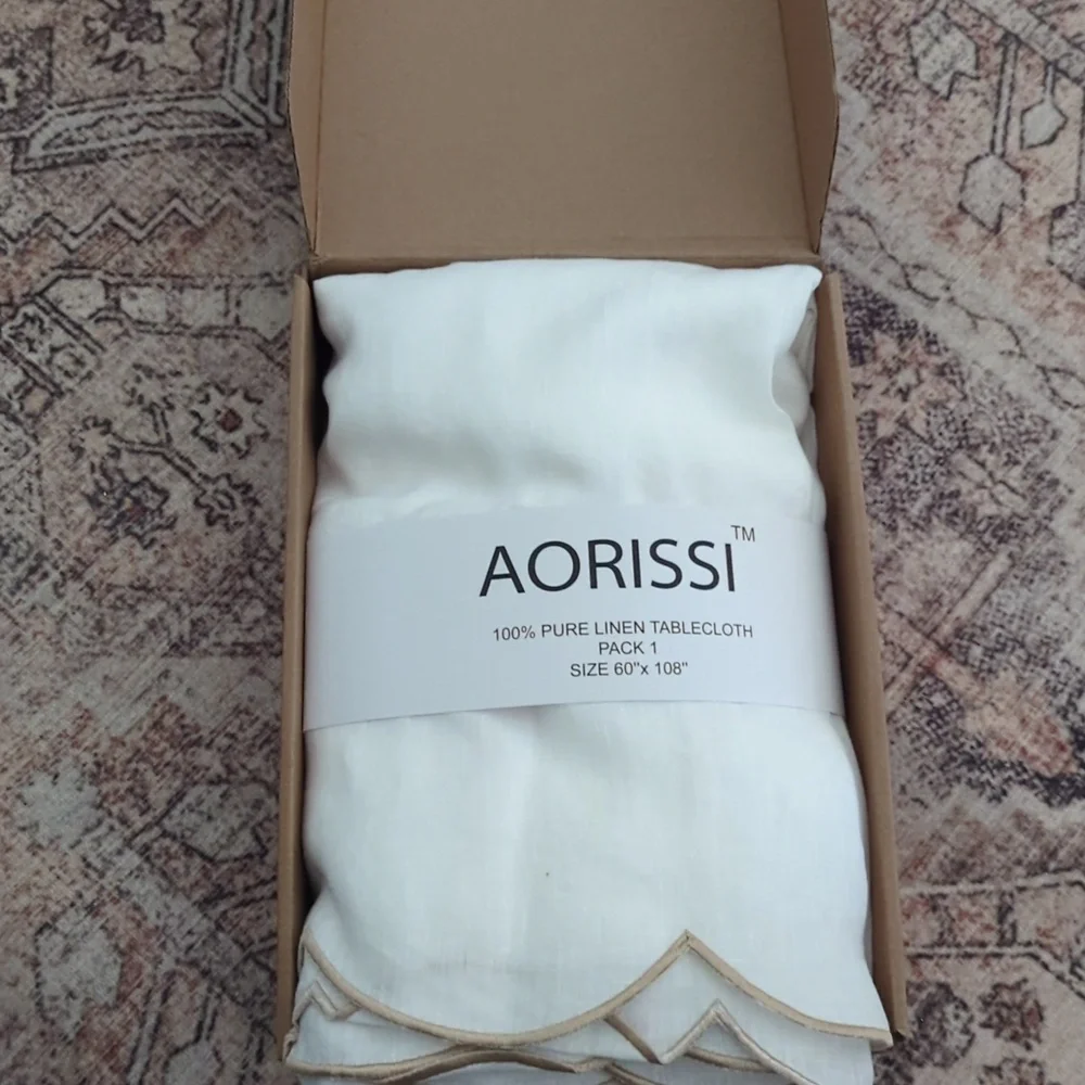 AORISSI 100% Pure Linen Scalloped Embroidery Rectangle Tablecloths 108Lx60W Inch